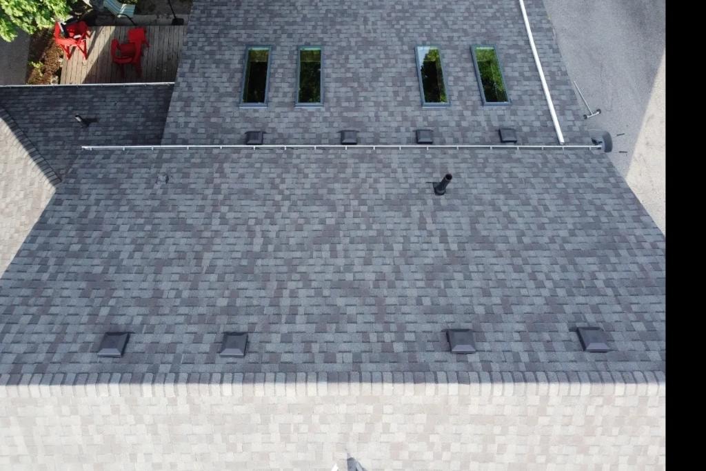 Aerial view of flat roof with skylights and ventilation
