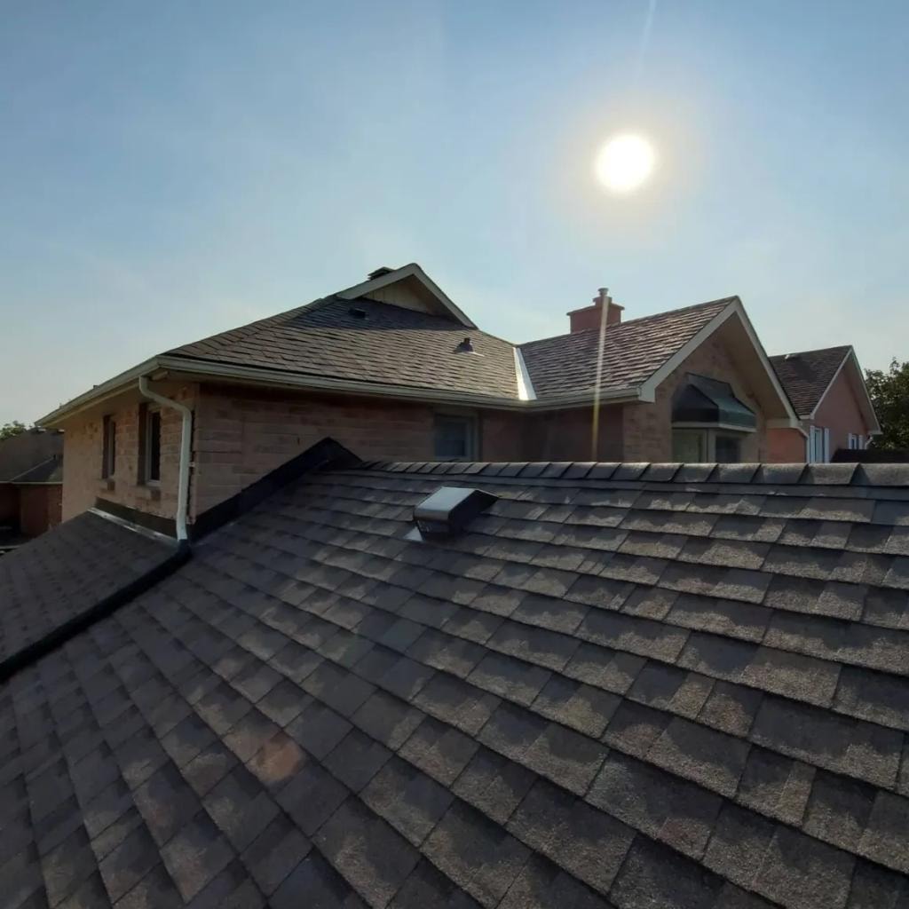 Close-up of freshly installed asphalt shingles